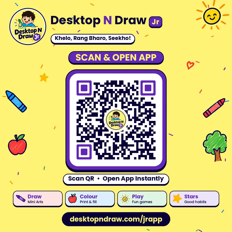 Desktop N Draw Jr QR poster: scan to open desktopndraw.com/jrapp